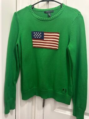 Lauren Ralph Lauren Bright Green Crewneck Sweater with Flag Patch